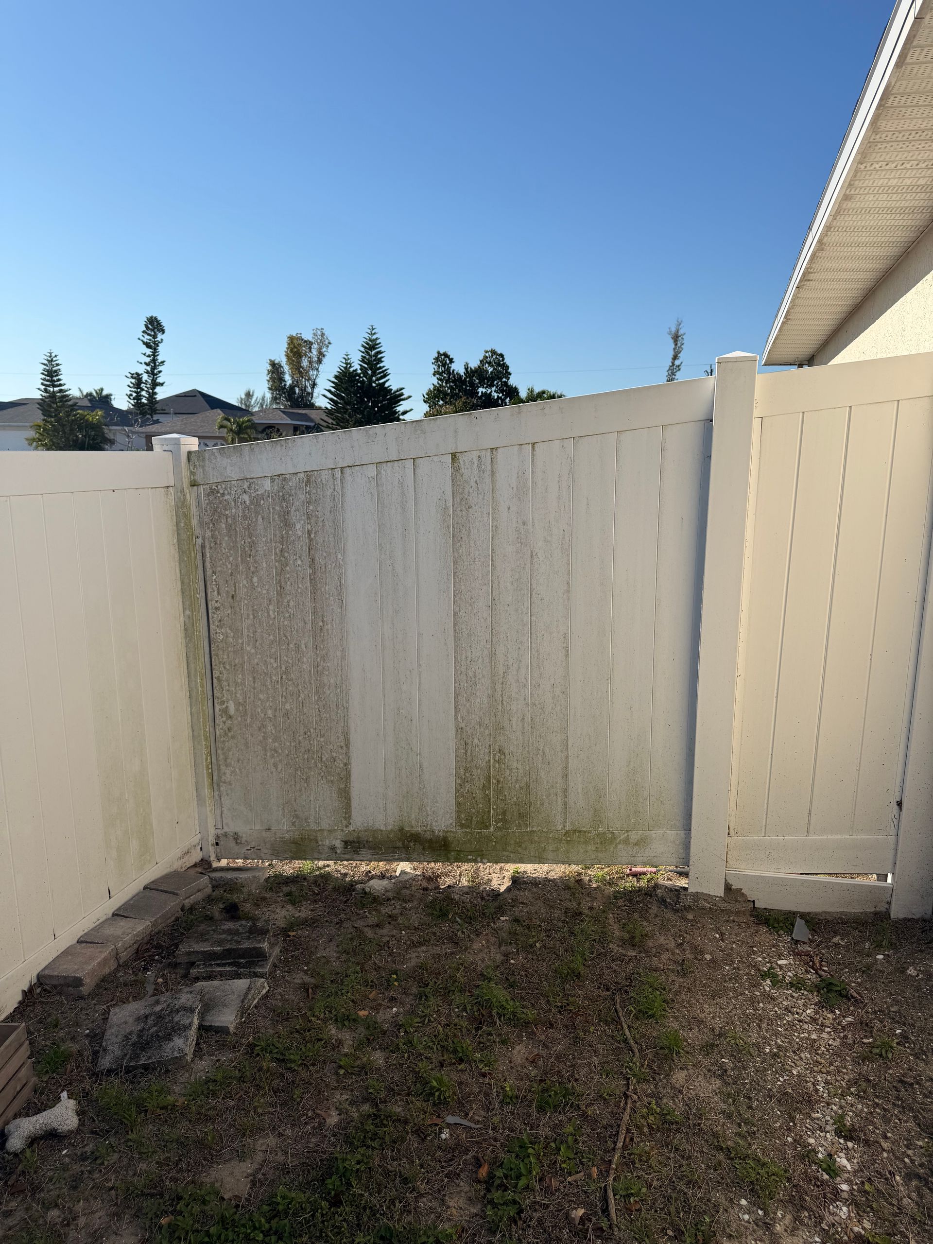 Small fenced backyard corner with a weathered white fence, patchy grass, and blue sky.