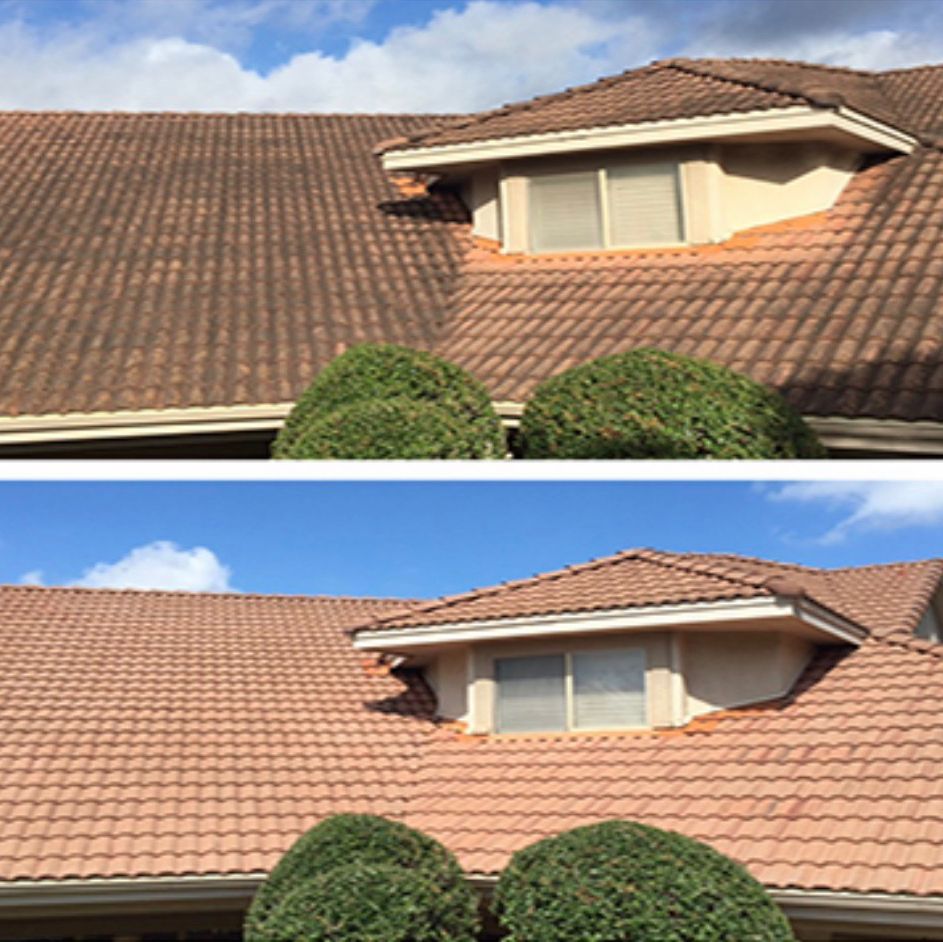 Before and after of a house roof cleaning. Top half is stained brown; the bottom half is clean terracotta.