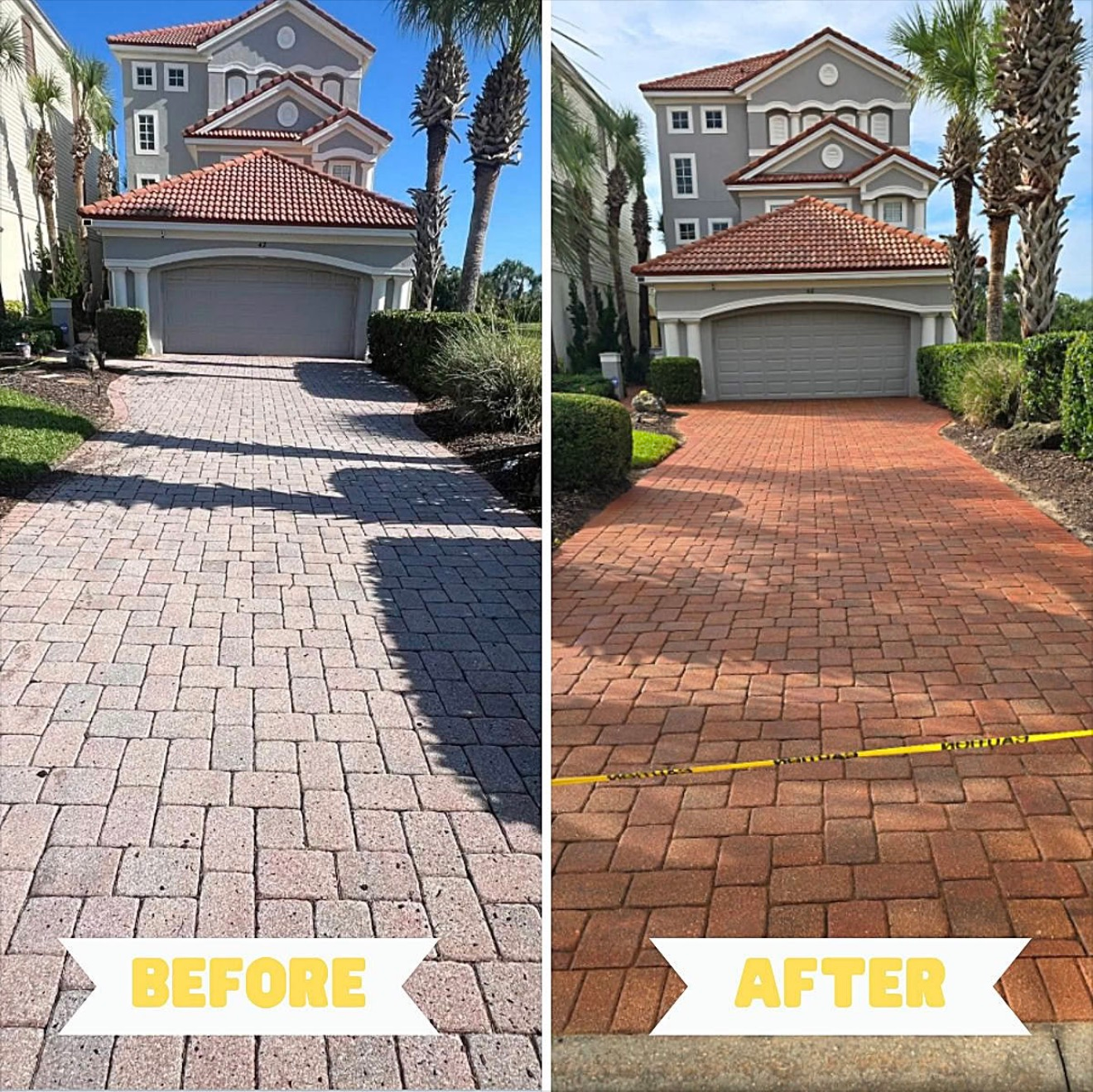 Before and after shots of a brick driveway cleaning. The 