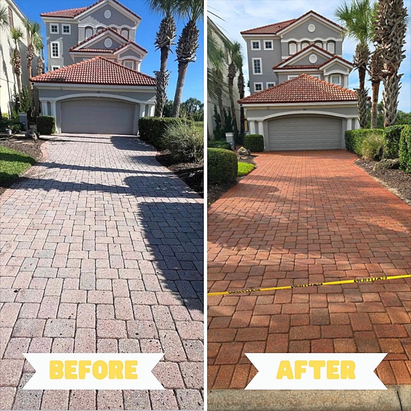 Before and after of a brick paver driveway cleaning. The pavers appear darker and cleaner after being cleaned.