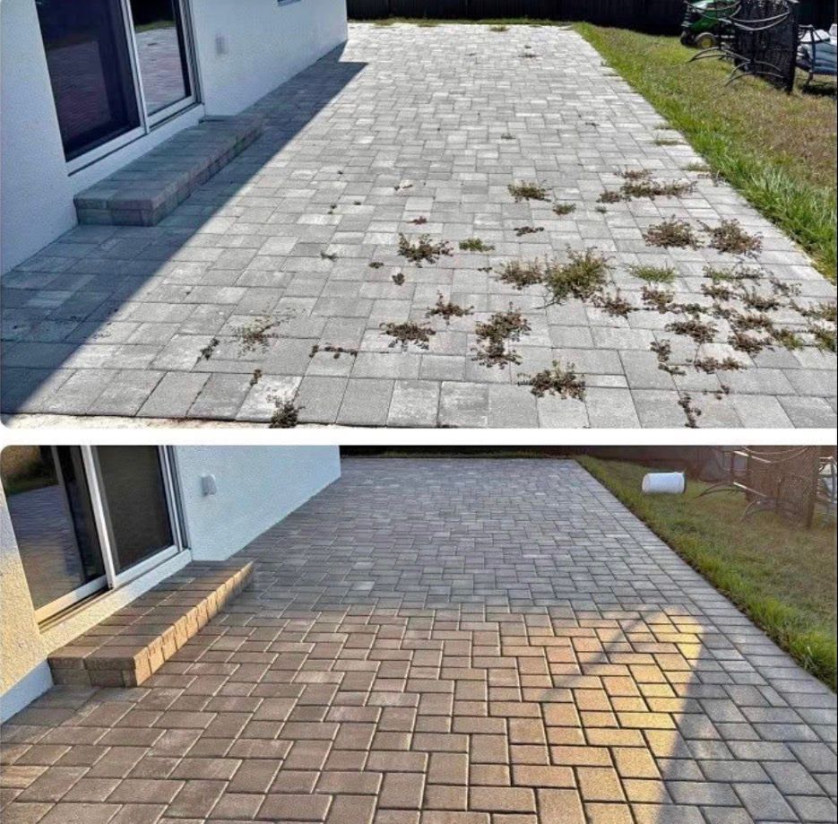 Before-and-after of a brick paver patio, showing weed removal and cleaning; near a house and grass.
