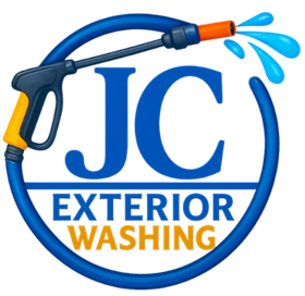 Blue and orange logo for JC Exterior Washing. Pressure washer spraying water, blue circle frame.