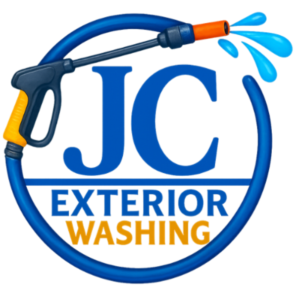 Blue and orange logo for JC Exterior Washing. Pressure washer spraying water, blue circle frame.