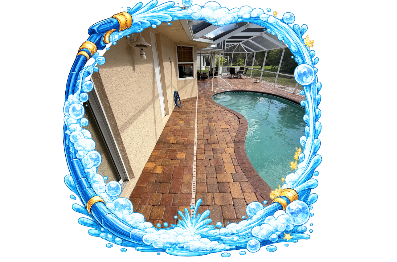 Two photos of a mobile home surrounded by a cartoon hose and bubbles, implying house washing.