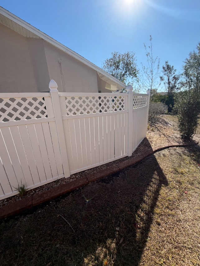 Driveway leading to a large light blue house with lush landscaping and trees.