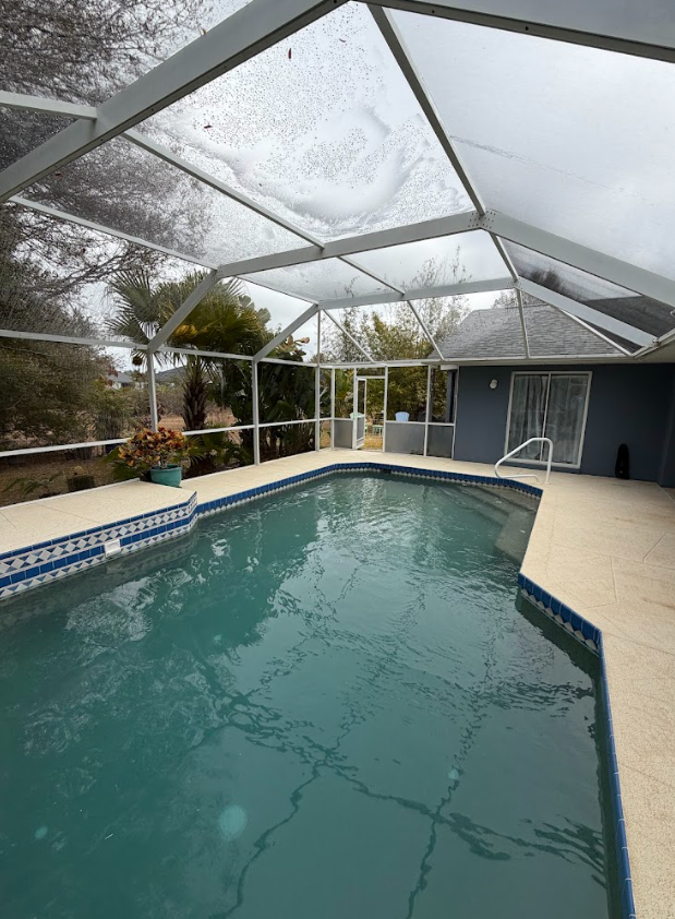Pool under a screened enclosure with blue water and blue and white tiled edges.