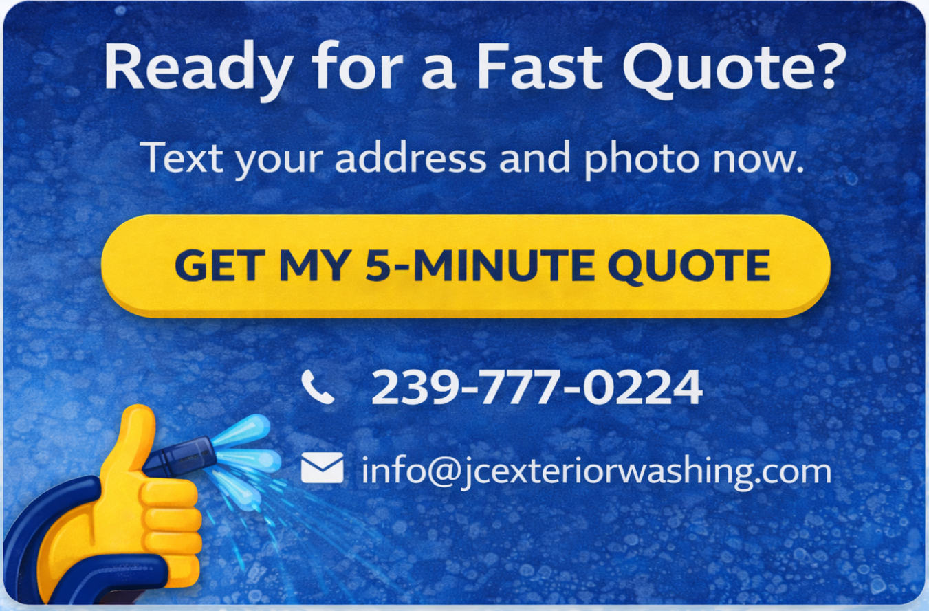 Advertisement for exterior washing services. Text invites users to text address and photo. says 