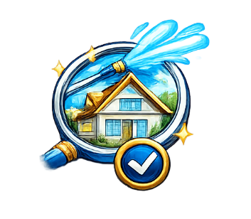 A house being cleaned with a hose inside a magnifying glass with a checkmark.