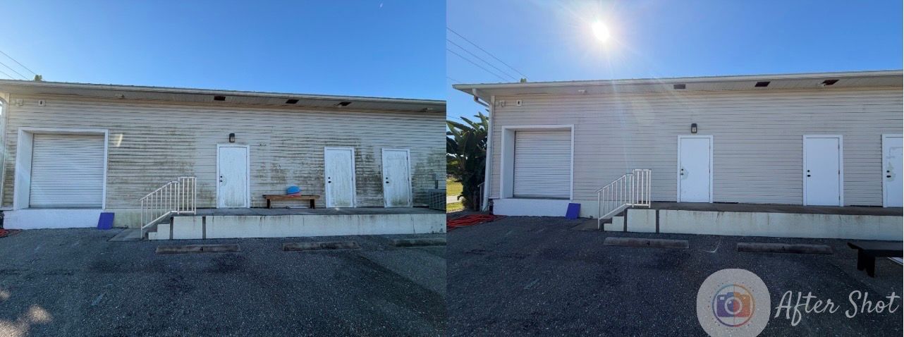 Side-by-side comparison of a building before and after cleaning. The