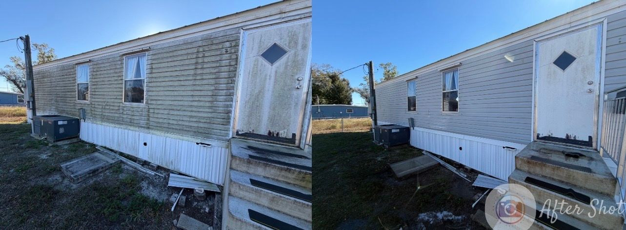 Side-by-side view of a mobile home exterior before and after a cleaning.