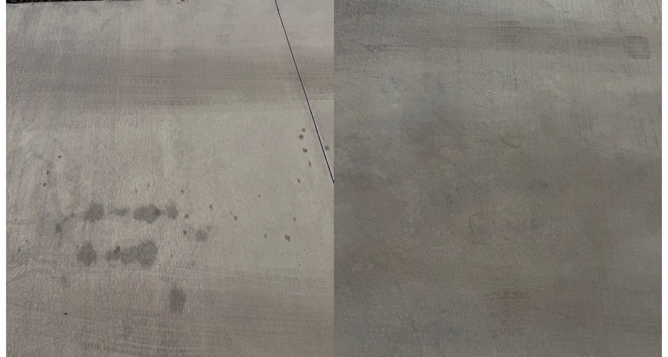 Comparison of a concrete surface before and after cleaning. The left side shows dark stains. The right side is clean.