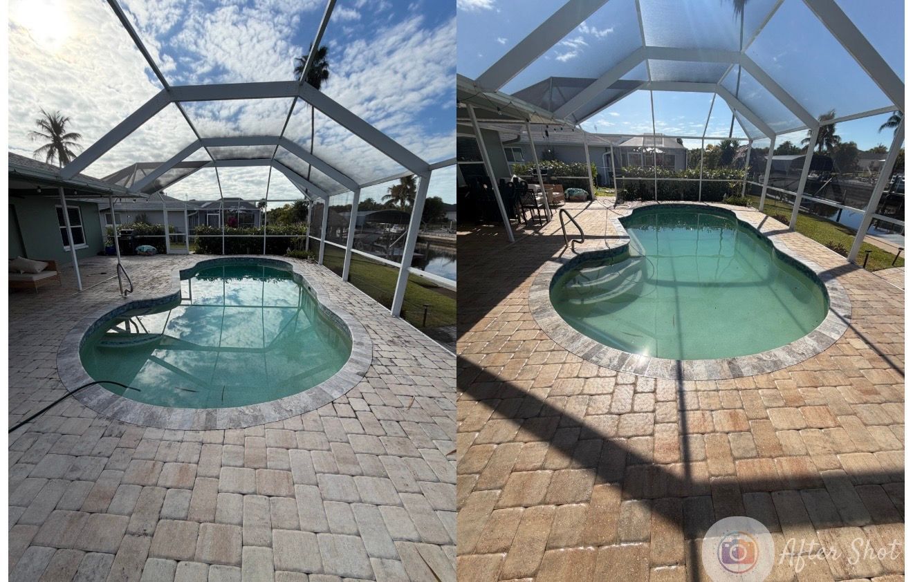 Two photos side-by-side of a screened-in pool area, showing the pool, surrounding patio, and sky overhead.