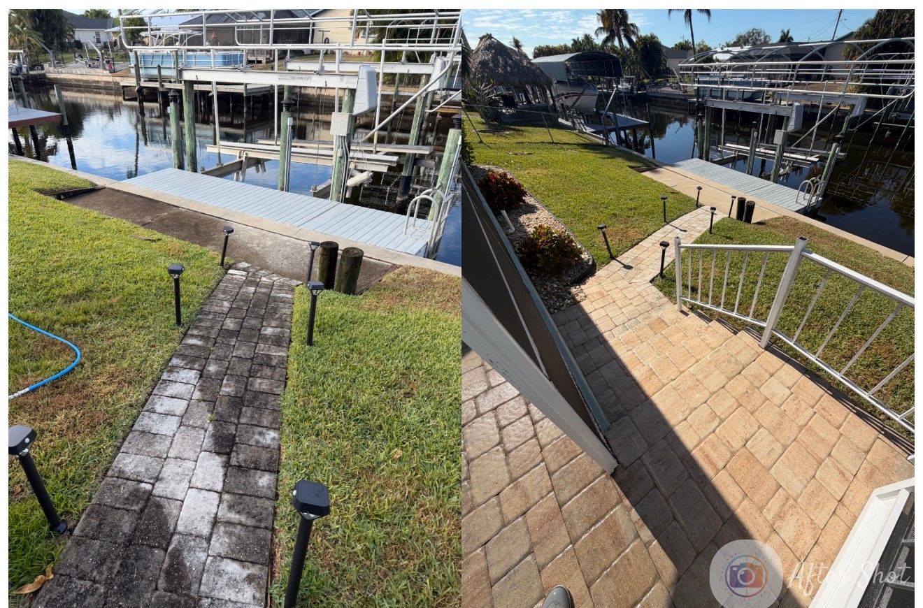 Before and after view of a brick walkway, dock, and grass area after power washing.