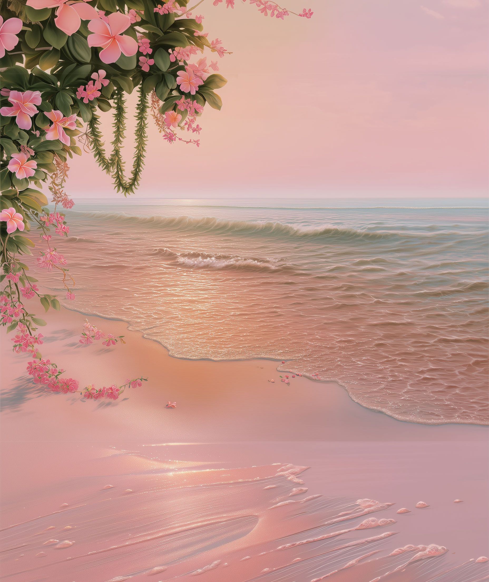 Pink-hued beach scene with flowering vines, a lei, and shimmering ocean.