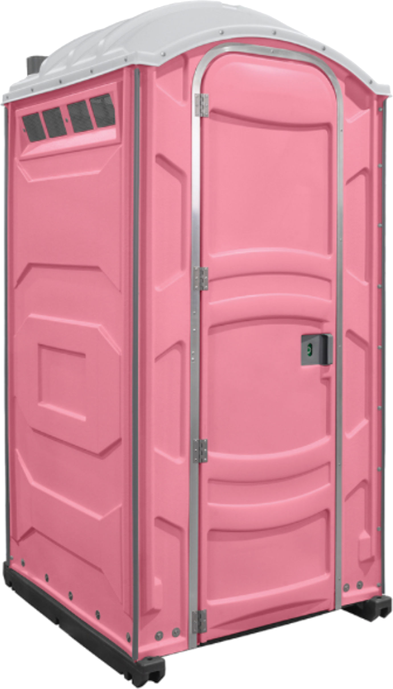 A pink portable toilet with a white roof, standing outdoors. It has a door, air vents, and is elevated on a black base.