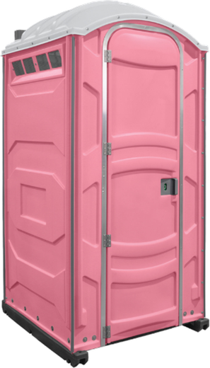 A pink portable toilet with a white roof, standing outdoors. It has a door, air vents, and is elevated on a black base.