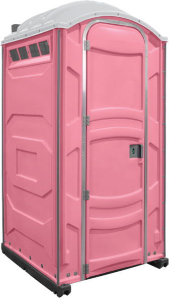A pink portable toilet with a white roof, standing outdoors. It has a door, air vents, and is elevated on a black base.