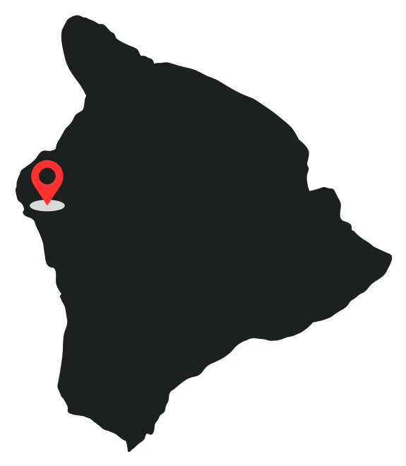 Map of the Big Island of Hawaii, with a red location marker pinpointing the town of Kailua-Kona on the west coast.