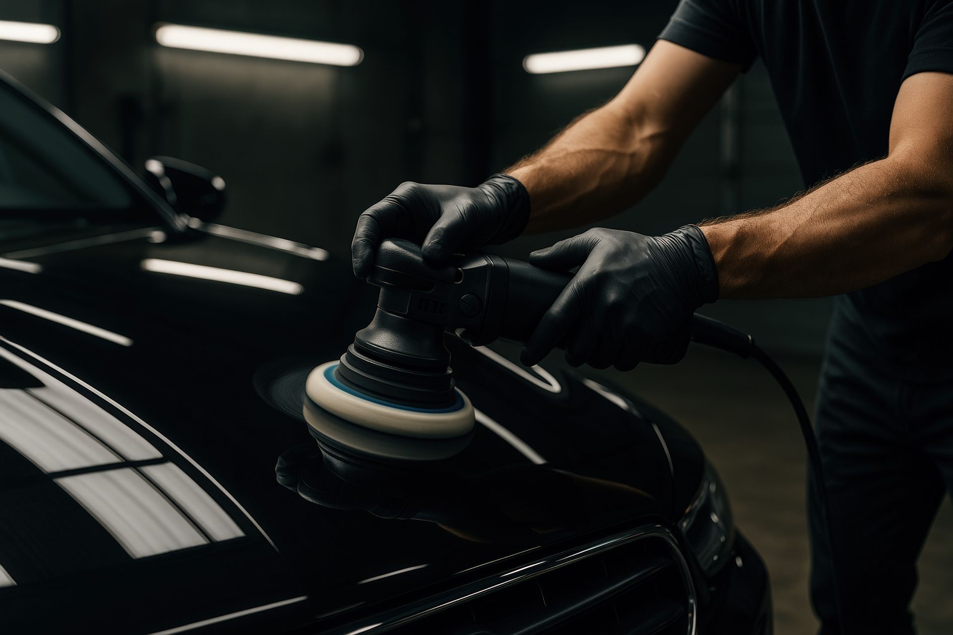 A man is polishing a black car with a machine.