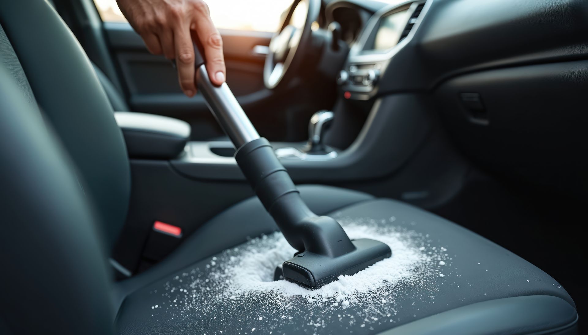 A person is using a vacuum cleaner to clean a car seat.