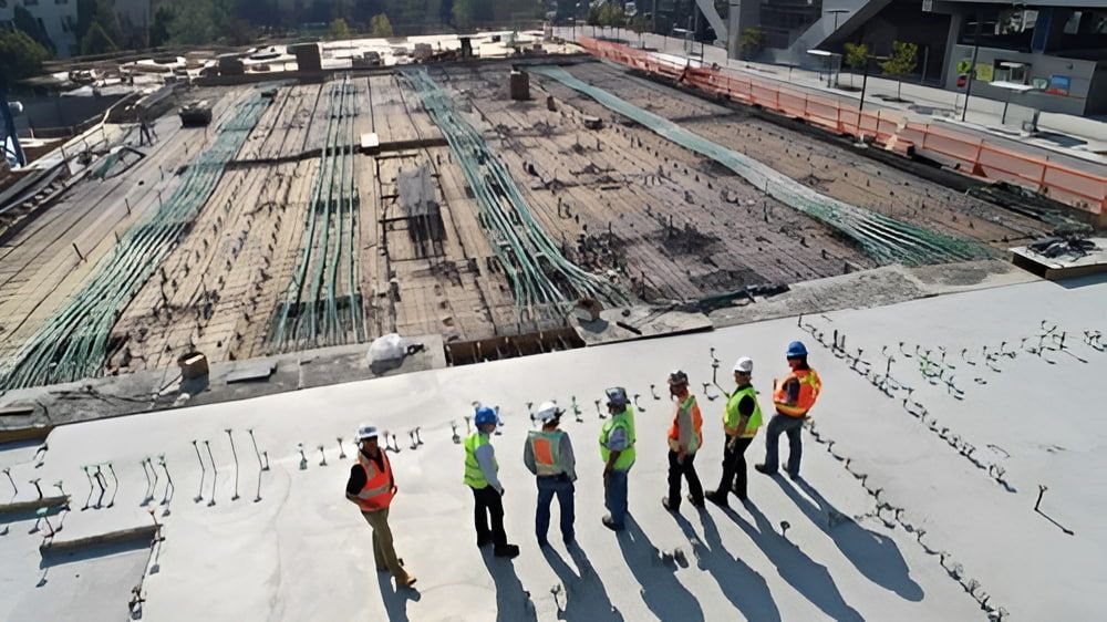 A Group of Construction Workers Are Standing on Top of a Building Under Construction — Tomac Civil In Burleigh Heads, QLD