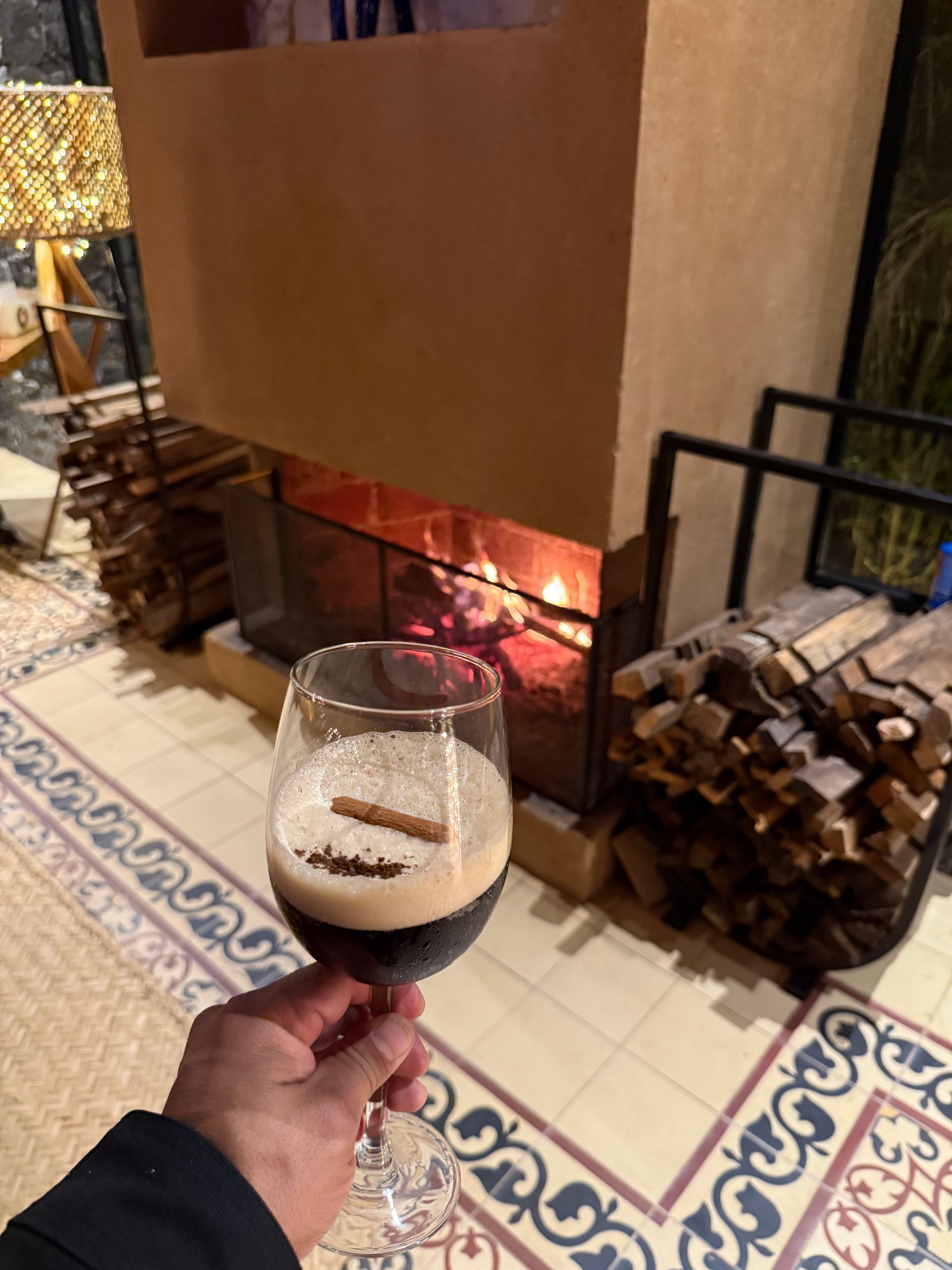 Una persona sostiene una copa de vino frente a una chimenea.