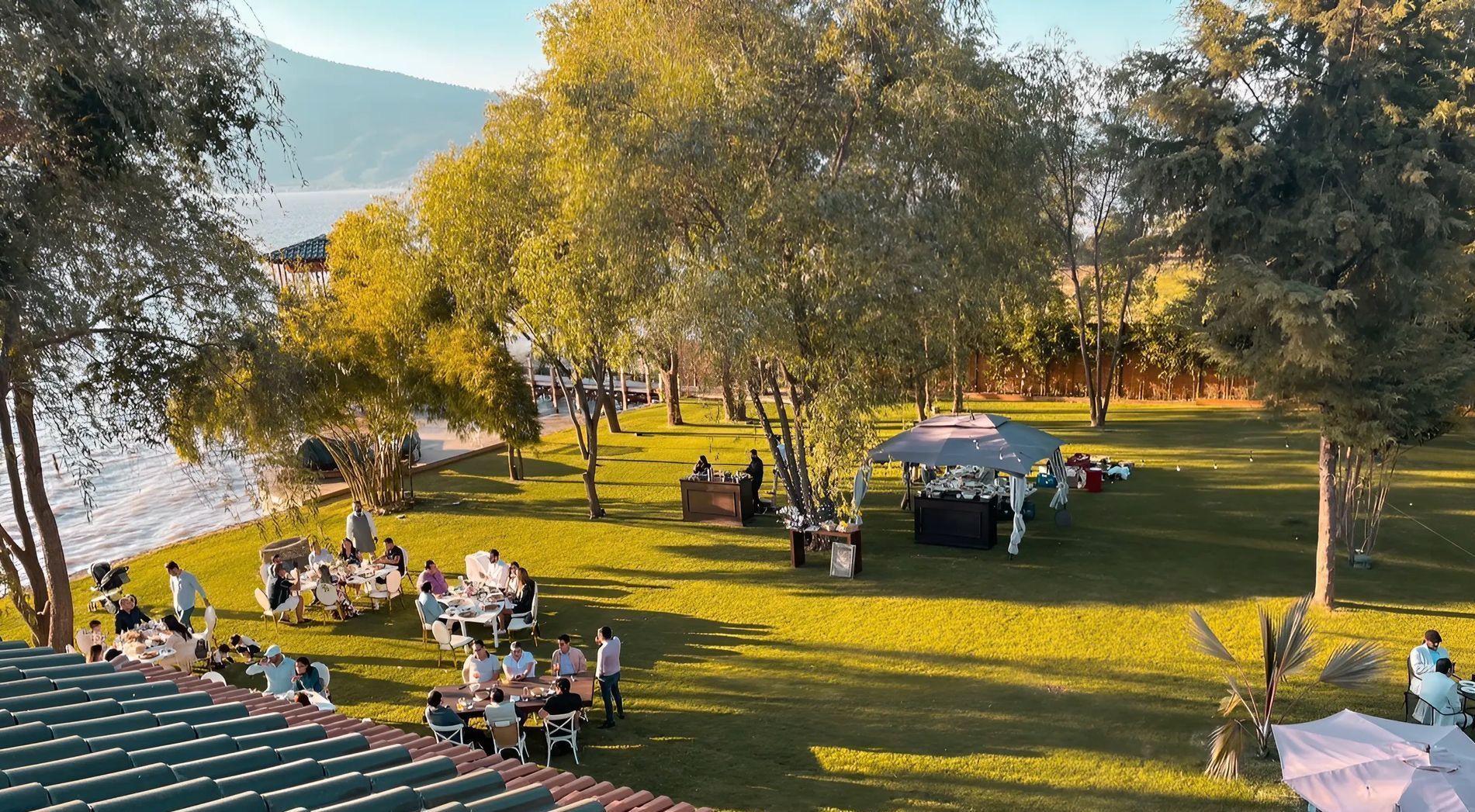 A group of people are sitting at tables in a park.