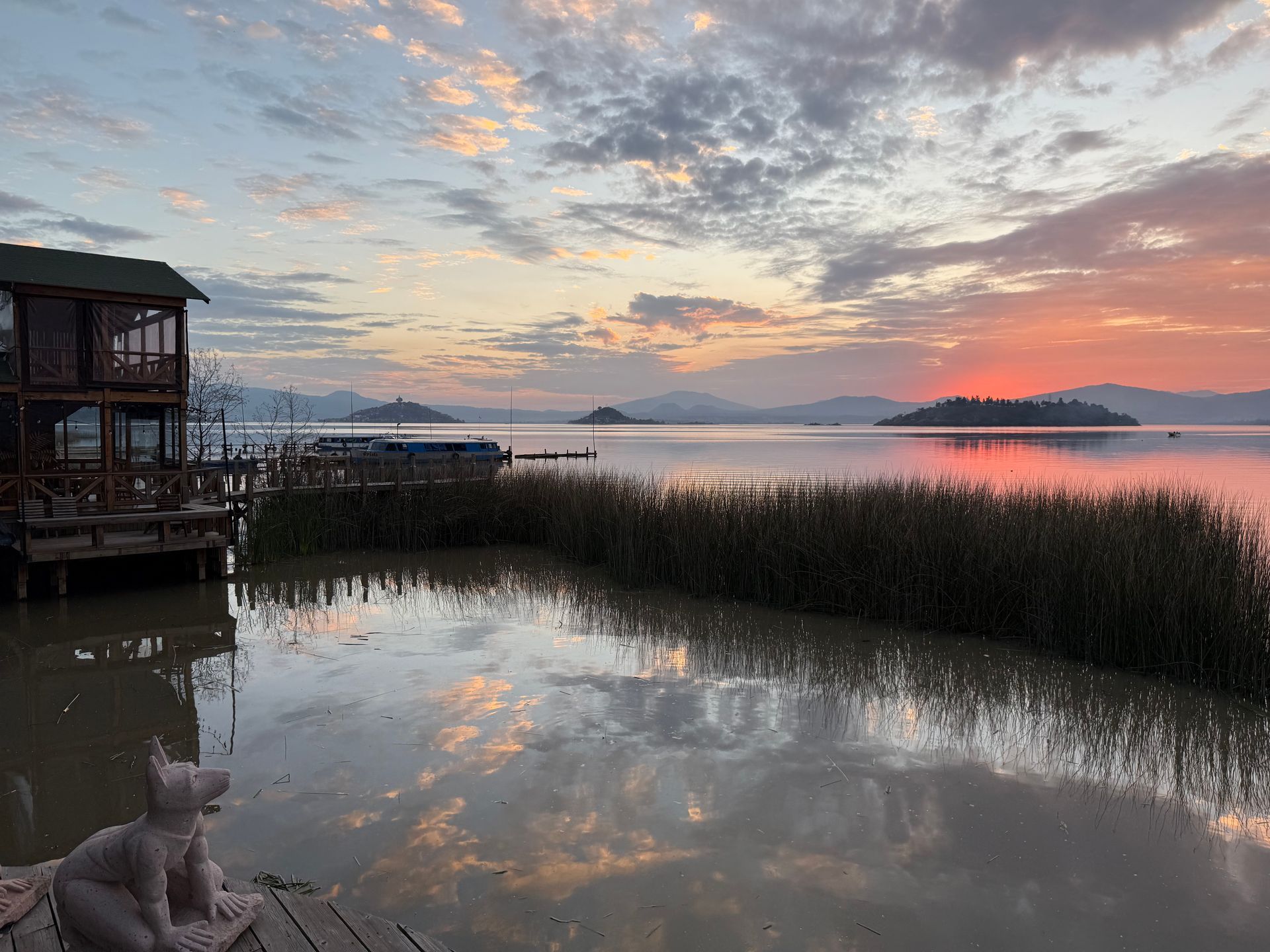 Una estatua de un gato está sentada en un muelle con vistas a un lago al atardecer.