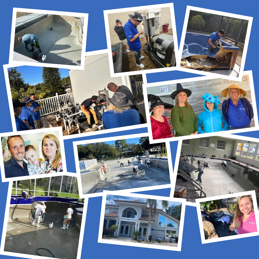 Collage of people working on pool maintenance, with a family portrait and a house exterior.