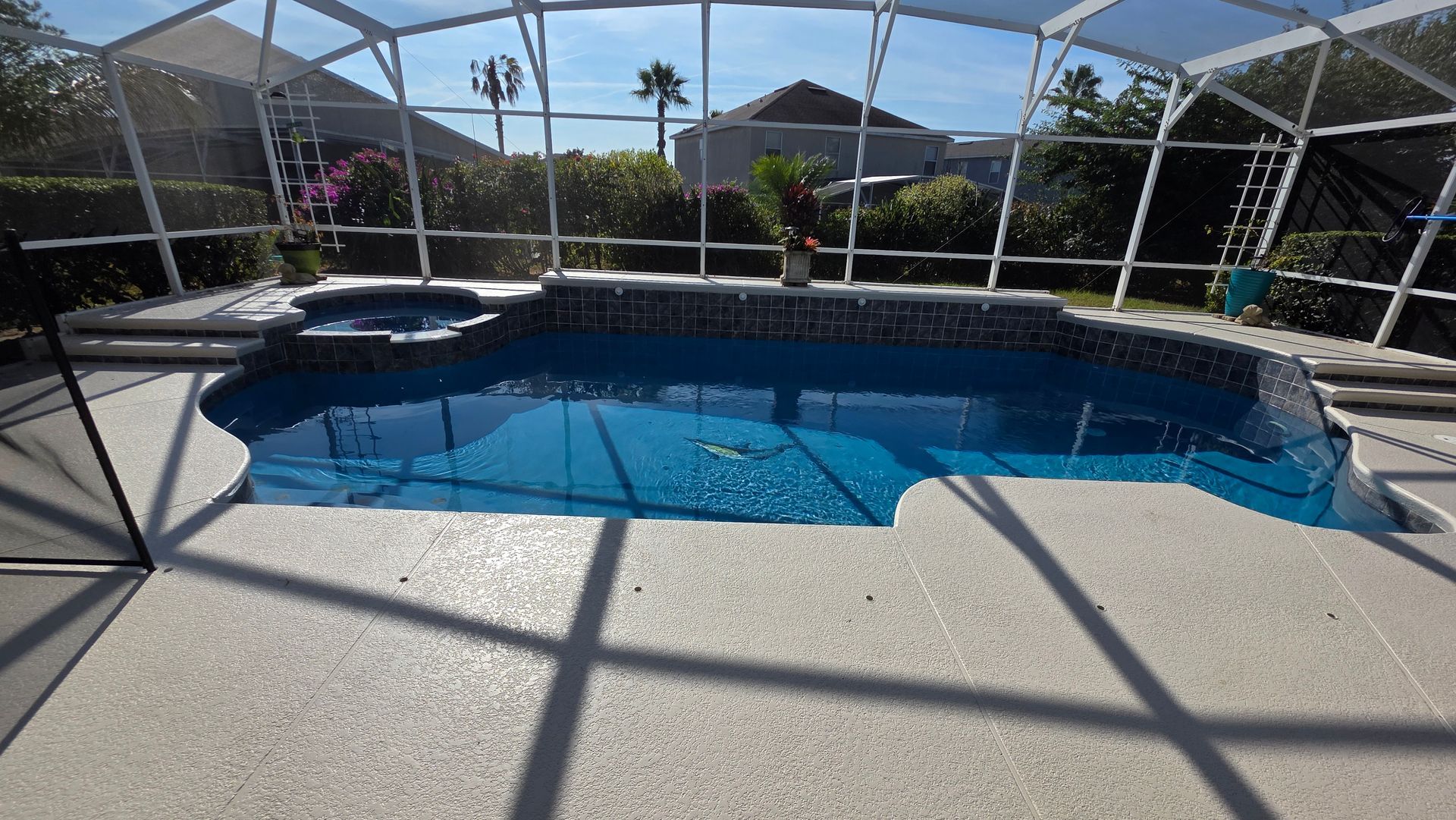 Pool enclosed in a screen with blue water, surrounded by a light-colored patio, with greenery and houses visible in the background.
