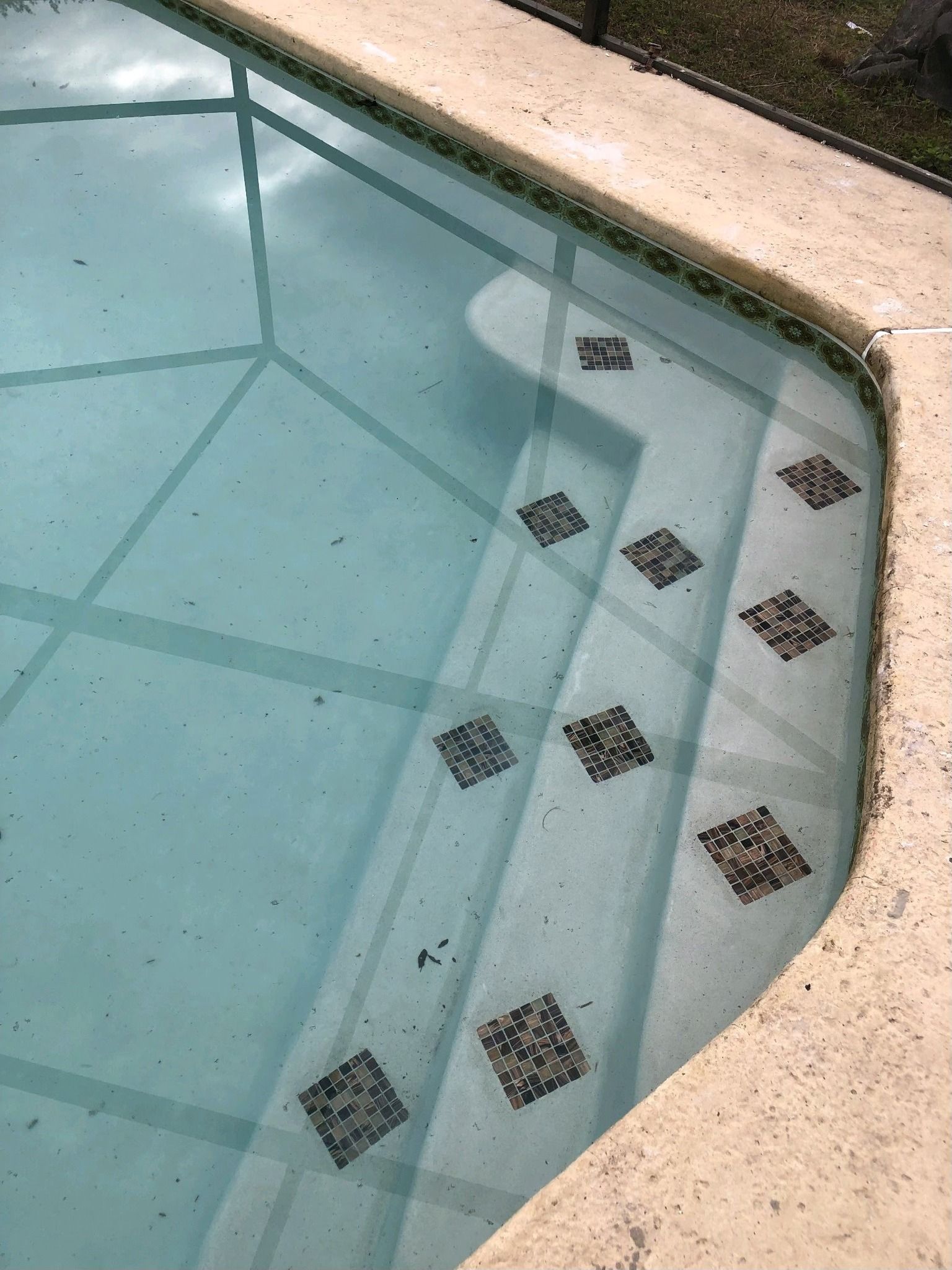 Pool with steps. Light blue water, beige concrete edge, dark mosaic tiles on steps.