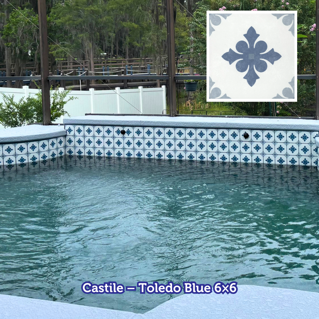 Swimming pool with blue and white patterned tile trim.