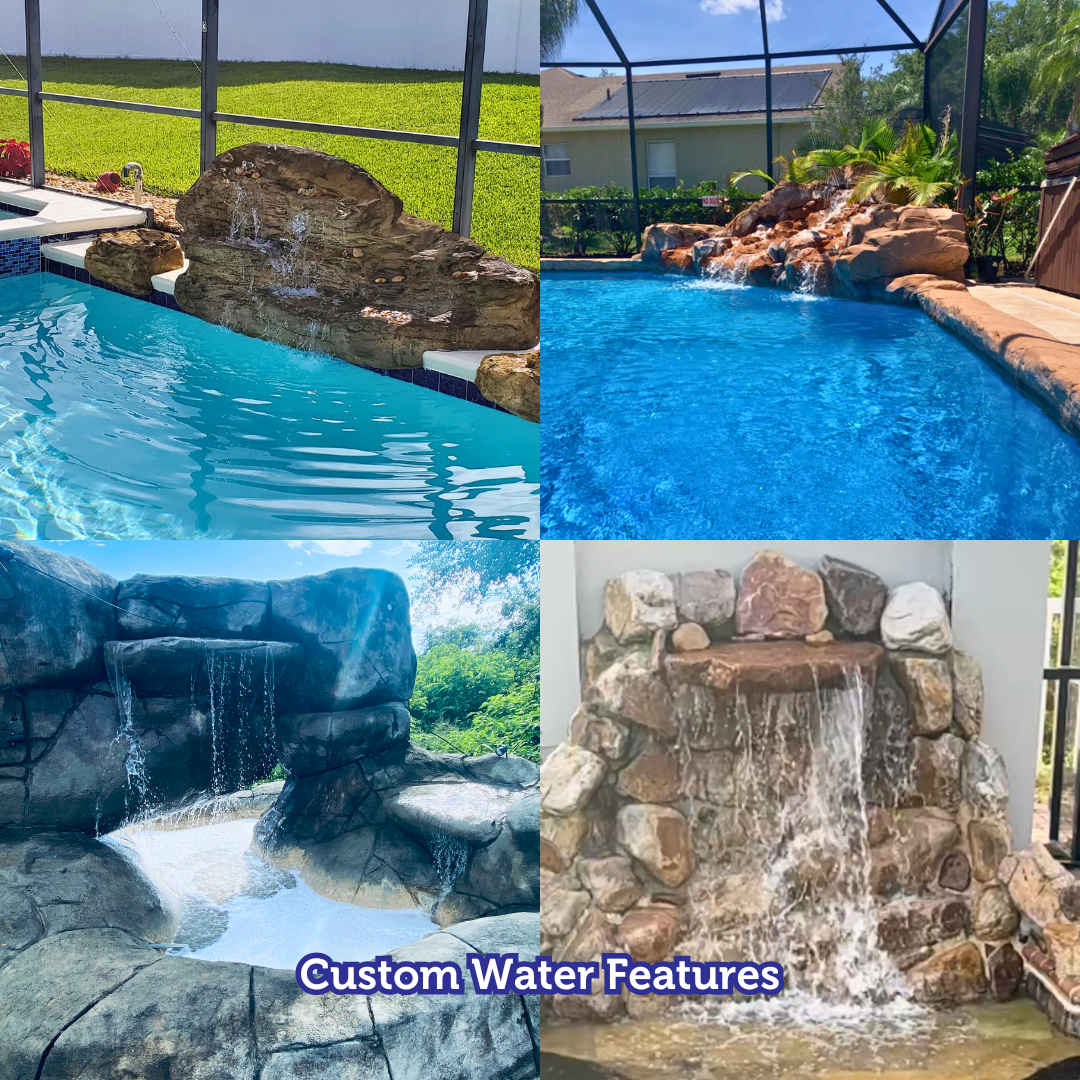 Custom water features built into swimming pools. Waterfalls cascade over rock formations into the pools.