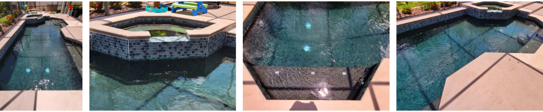 A collage of four pictures of a swimming pool.