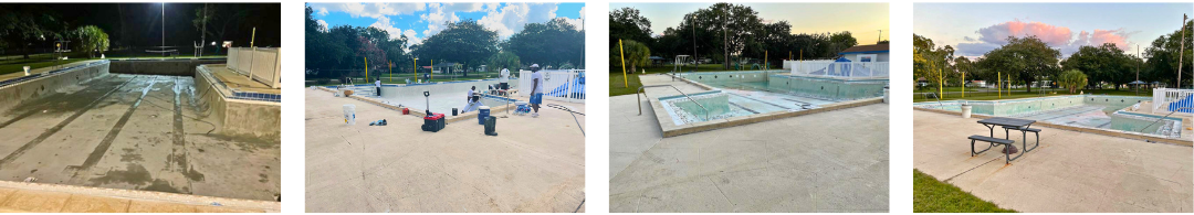 A collage of four pictures of a swimming pool.