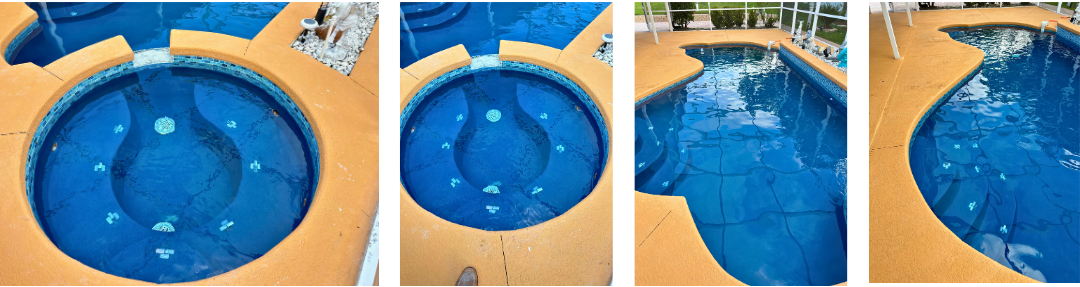 A collage of four pictures of a swimming pool