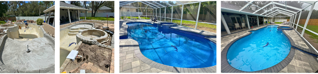 A collage of four pictures of a swimming pool being built.