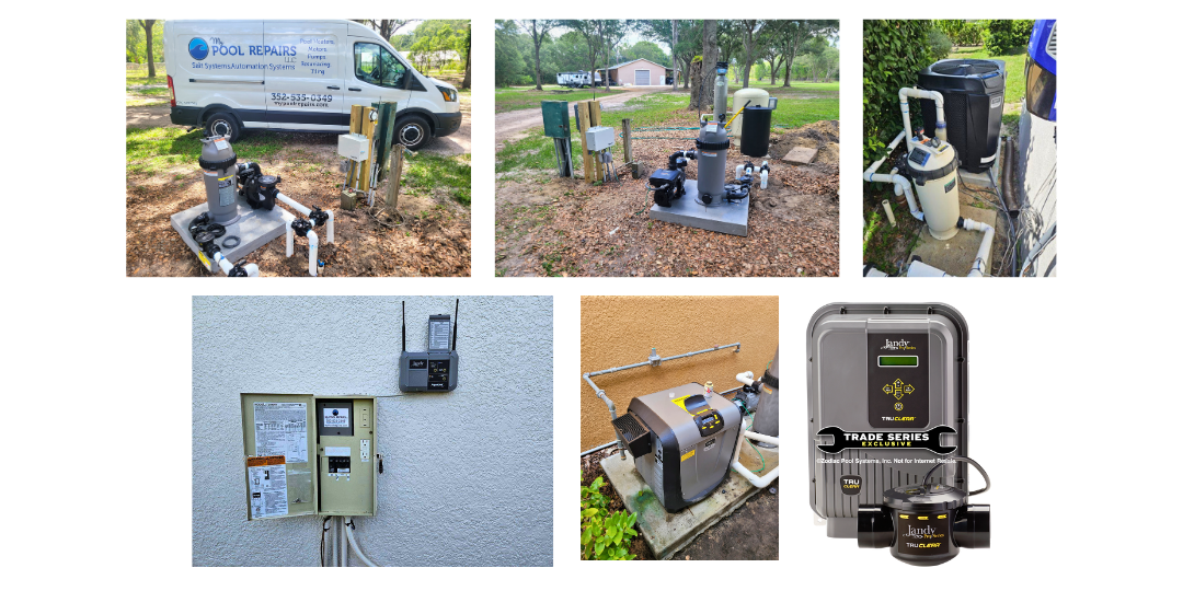 A collage of pictures of a water pump being installed on a house.