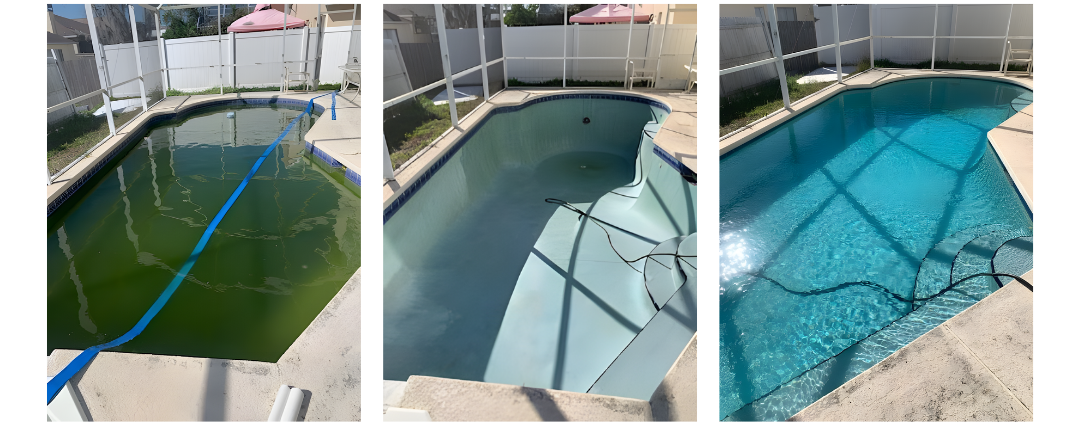 A collage of three pictures of a swimming pool before and after being cleaned.