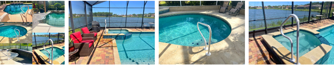 A collage of four pictures of a swimming pool.
