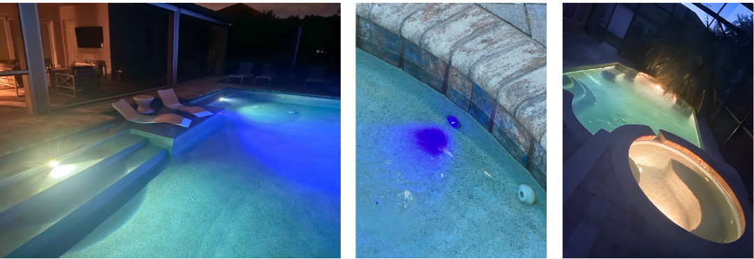 A collage of four photos of a swimming pool at night.