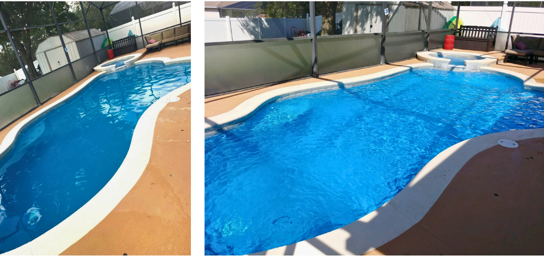 A before and after picture of a swimming pool.