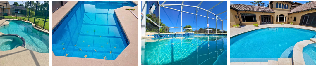 A collage of four pictures of a swimming pool.
