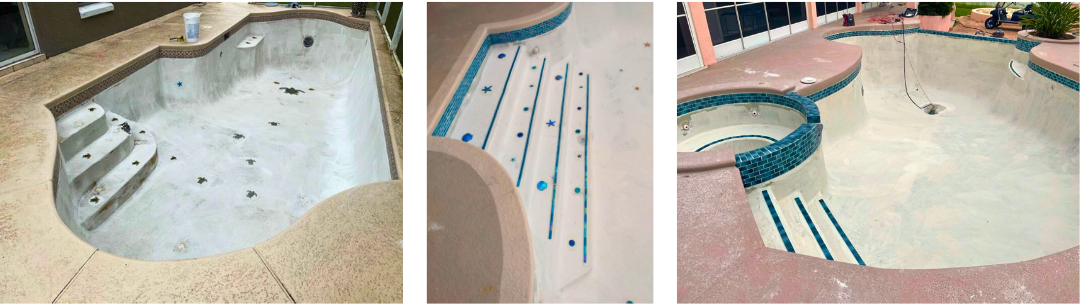 A collage of three pictures of a swimming pool before and after being remodeled.