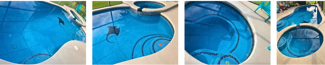 A collage of four pictures of a blue swimming pool.