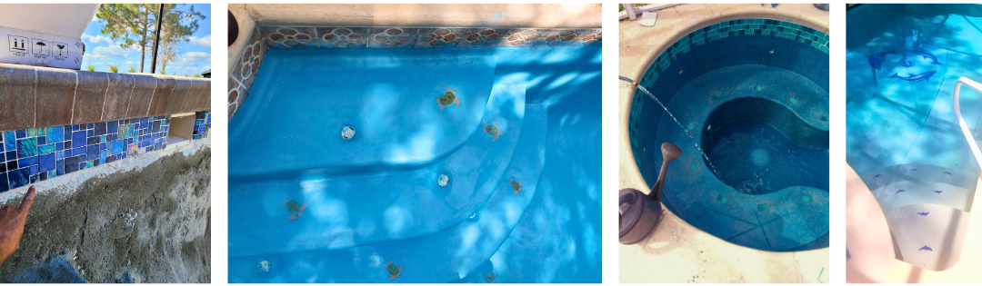 A collage of three pictures of a blue pool