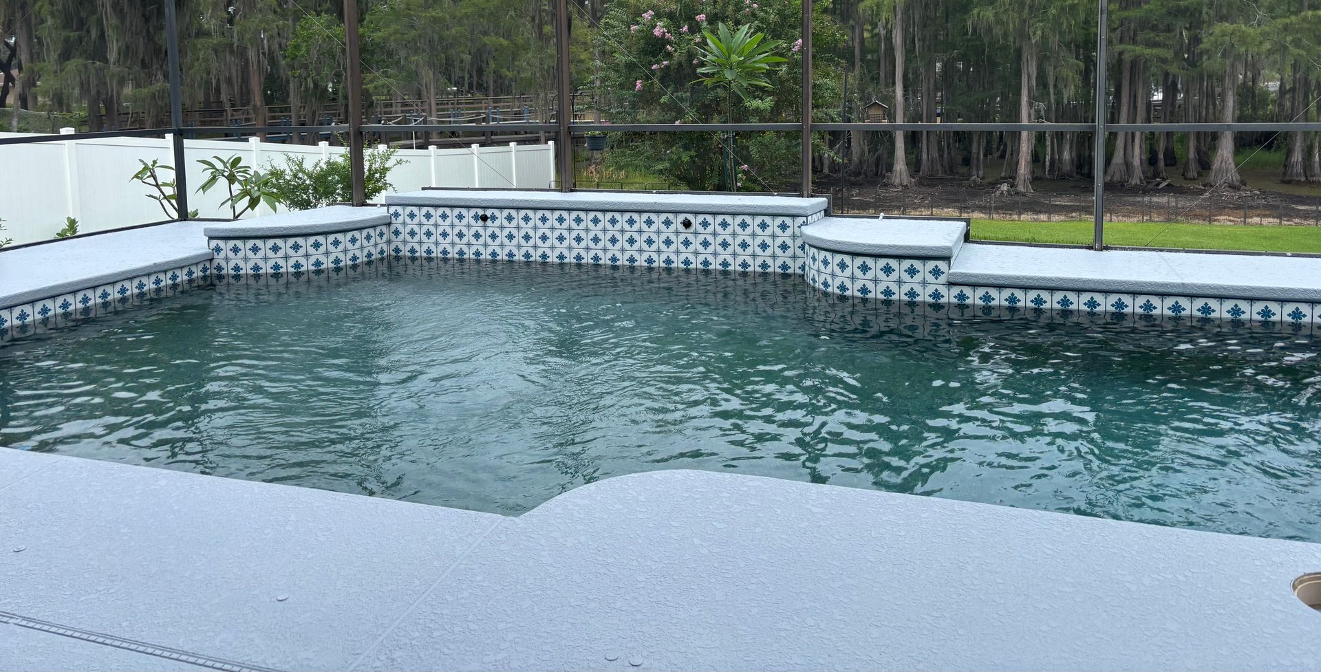 Swimming pool with blue-green water and decorative tile, surrounded by a gray deck and landscaping.