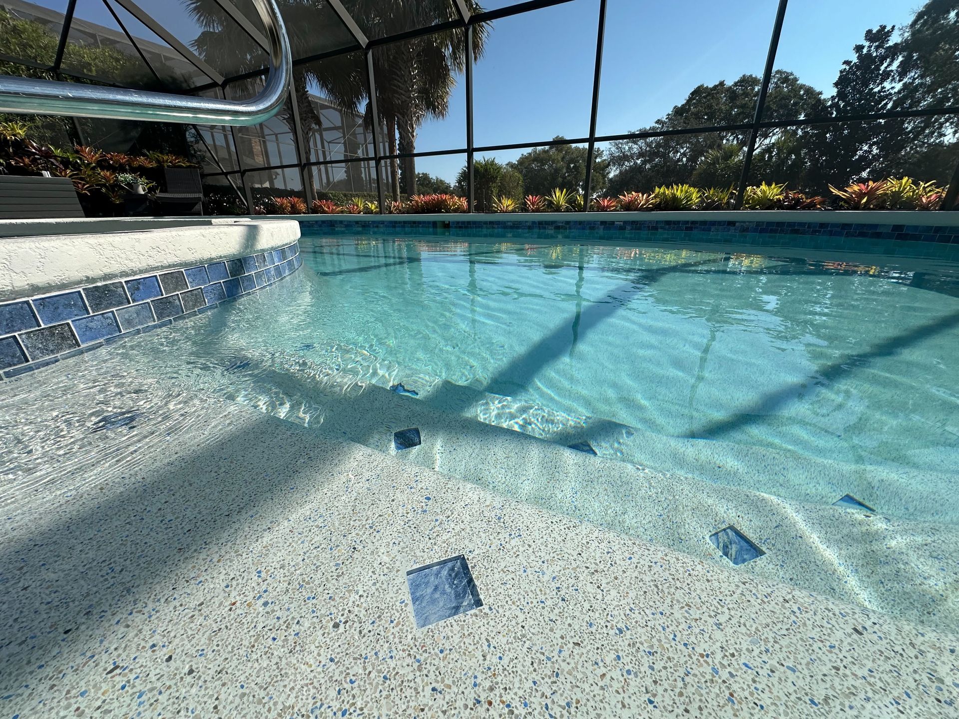 Pool with blue and white tile, clear water, and screened enclosure on a sunny day.
