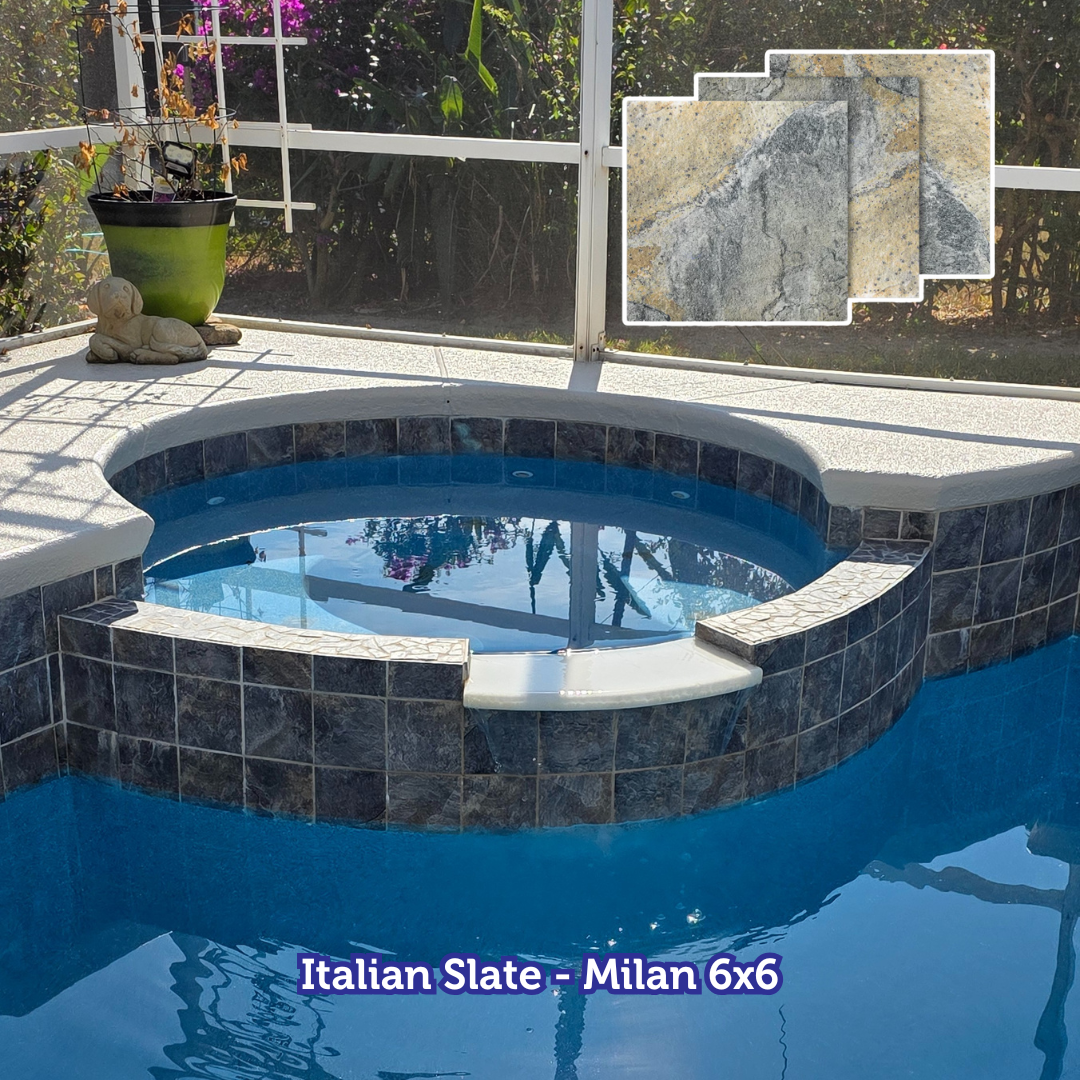 Pool with dark tile trim and light coping. Italian Slate tile sample inset.