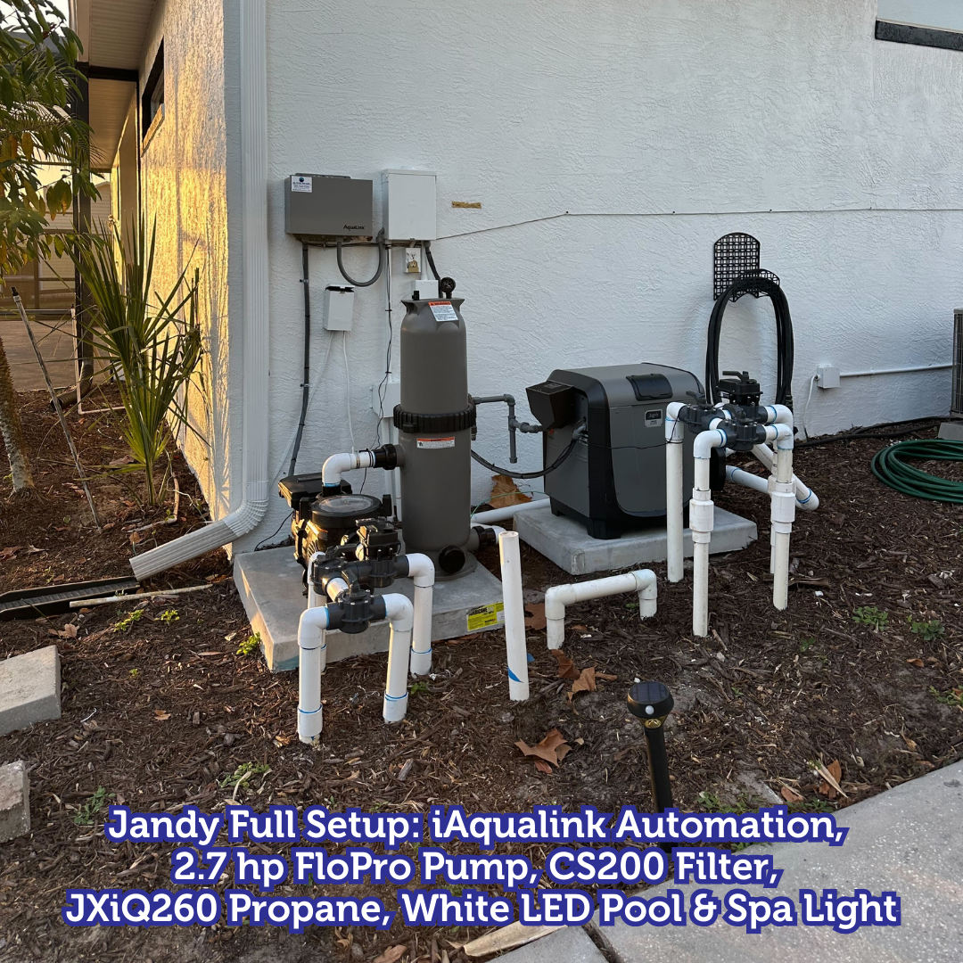 Pool equipment setup: Jandy automation, pump, filter, heater, and light, outdoors.